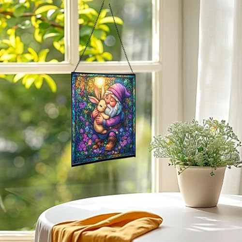 Bunny Friend Gnome Stained Glass Suncatcher – Square Hanging Window Panel for Home or Greenhouse – Whimsical Glass Art Gift for Garden Lovers, Christmas, Halloween, Father Days Yzi8g9 - Image 3