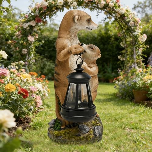 Meerkat Mother & Baby Solar Lantern Garden Statue Outdoor Decor Figurine - Image 3