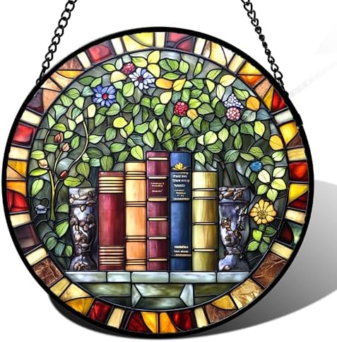 Botanical Bookshelf Stained Glass Window Hanging Suncatcher Gifts 12" by Follow