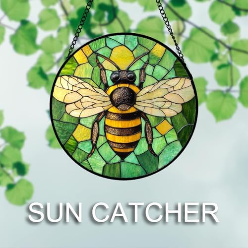 DASTOLL Stained Glass Window Hanging 4 Pcs Set Green Plants Yellow Insect Theme 6.3" - Suncatcher Door Garden Sun Catcher Decor Birthday Christmas for Mom Woman Nana Men - Image 5
