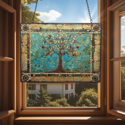 Customized Rectangle Tree of Life Stained Glass Window Hanging Sun Catcher Halloween Haning Ornament Decoration Christmas Birthday Gifts for Lover Friends Mother - Image 4