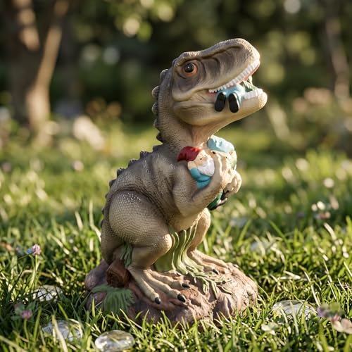 PARTYGEARS Dinosaur Statue with Gnomes, 16“ Large Outdoor Garden Statues Yard Decor, Funny Dinosaur Holding Gnomes Figurines for Patio Lawn, Weatherproof Gnome Decorations for Home, Unique - Image 2