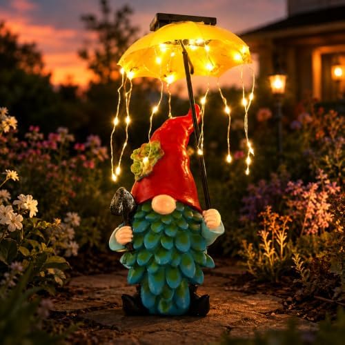 Solar Garden Gnome Statue with Umbrella LED String Lights, DIY Yard Decor by Dintdige