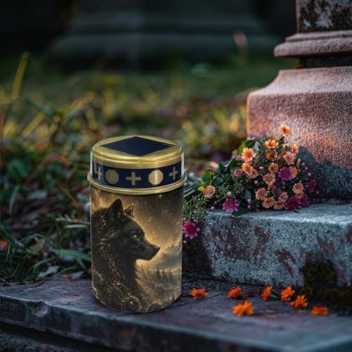 Poceacles Solar Pathway Lights Outdoor Grave Solar Lights Outside Waterproof Cemetery Flameless Candles Outdoor Grave Candle Markers Eternal Decor, Wolf Print Black Gold, 4 Pcs - Image 3