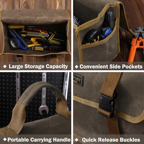 Canvas Tool Storage Bag - Portable Garden Tool Carrying Case with 3 Pockets + 2 Release Buckles, Multi-Purpose 16OZ Waxed Canvas Tool Tote Bag | 11.5"L x 6"W x 7.5"H | Grey - Image 4