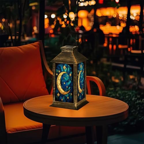 Solar Lantern Moon Stars Stained Glass Window Shades Blue Gold Outdoor Waterproof Garden Hanging Lantern Solar Powered Lighting Outside Table Lamp for Patio Deck Camping 1 Pack - Image 7