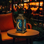 Solar Lantern Moon Stars Stained Glass Window Shades Blue Gold Outdoor Waterproof Garden Hanging Lantern Solar Powered Lighting Outside Table Lamp for Patio Deck Camping 1 Pack - Image 7