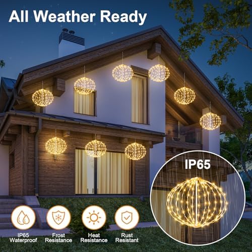 led String Lights Outdoor, 2 Pack, 8in Globe,162 LEDs Expandable Hanging Ball Lights with 8 Modes,Timer,IP65 Waterproof Connectable for Porch, Yard,Roof Indoor Home Decor Warm White - Image 4