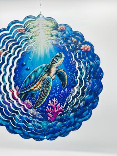 Shwing Wind Spinner 12 Inch Sea Turtle Wind Spinner Hanging Wind Sculptures Ocean Turtle Coral Reef Metal Ornament Outdoor Kinetic Garden Art for Patio Porch Beach Coastal Decoration - Image 3