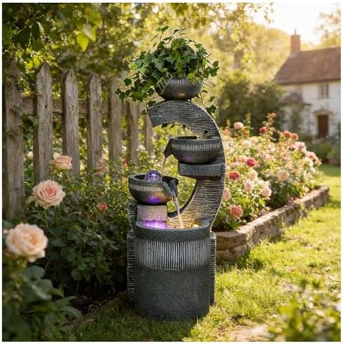26.8" Tall Water Fountain Outdoor Garden, 4 Tiers Modern Cascading Bowls Water Fountain Outdoor Indoor Garden with LED Lights & Atomizer for Patio, Deck, Porch, Backyard Art Decor,A by Unknown