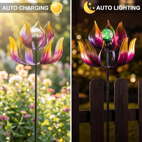 Solar Wind Spinners Outdoor for Yard and Garden, 61'' Lotus Kinetic Wind Sculptures with Color Changing LED Crackle Glass Globe, Metal Yard Art Decor for Patio Lawn, Garden Gifts for Women/Mother - Image 2