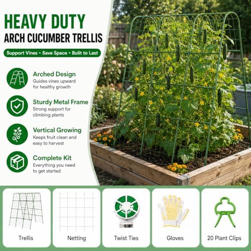 63" Tall Garden Trellis for Climbing Plants, 16mm Heavy Duty Metal Frame Cucumber Trellis with Netting, 20 Plant Clips, Easy Assembly Vegetable Trellis for Tomatoes, Beans, Peas, Raised Bed - Image 4
