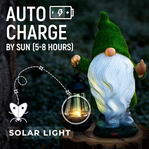 Funny Garden Gnome, 11.8 Inch with Solar Lantern, Outdoor Statues - Image 2