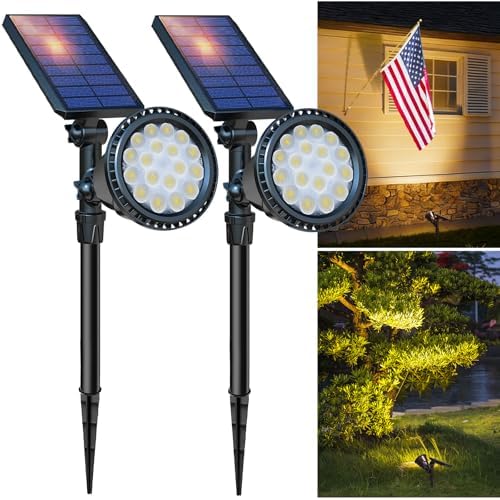 DBF Solar Lights Outdoor, 600LM Solar Spotlights Outdoor Waterproof, 2 Brightness Mode Adjustable 18 LED Flag Pole Light for Garden Yard Patio Landscape Driveway Garage Pool(Warm White, 2 Pack) by DBF