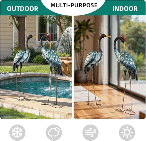 3.7ft Tall Blue Heron Metal Yard Art, XL Crane Statue Decor, S/2 - Image 7