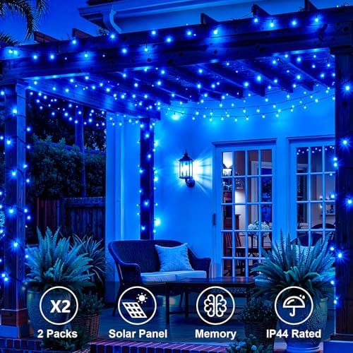 QITONG 2 Pack Blue Solar String Lights, Each 66ft 200 LED Christmas led Lights Outdoor Waterproof, 8 Modes Green Wire Solar Twinkle Lights for Garden Patio Yard Decor - Image 3