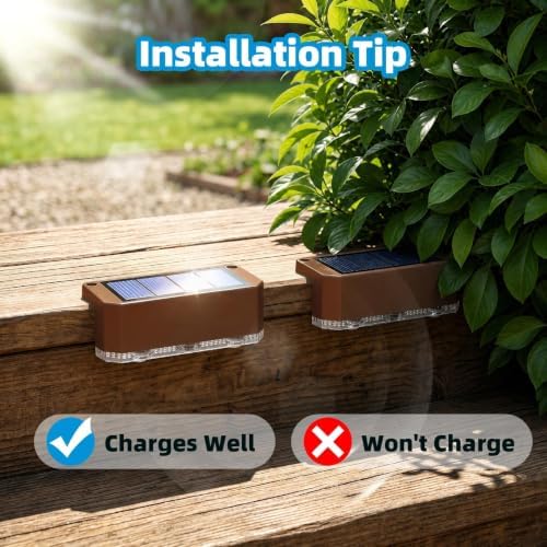Peasur 12 Pack Solar Fence Lights Outdoor,Deck Light Solar Powered, IP65 Waterproof Led Riling Solar Lights Brown Frame for Outside Yard Step, Wram White - Image 5