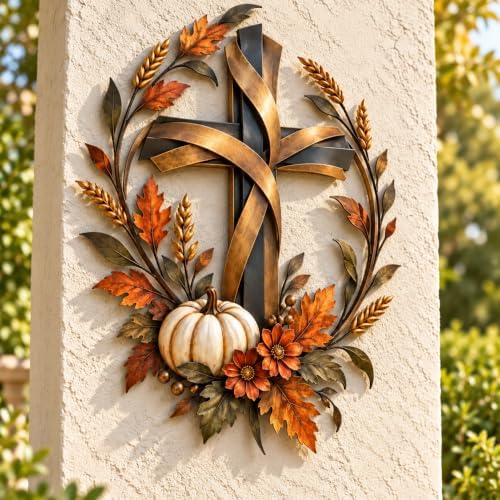 Autumn Cross Pumpkin Metal Wall Decor, Rustic Fall Harvest Sign, 12in-30cm - Image 3