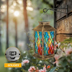 Solar Lantern Outdoor Waterproof Vibrant Stained Glass Window Abstract Geometric Patterns Bold Colors Garden Decor LED Hanging Solar Lights Tabletop Lamp Gifts for Women Mom Outside Yard Patio Porch - Image 5