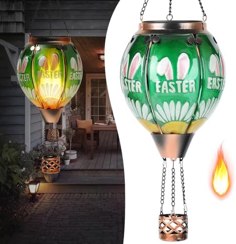 Easter Hot Air Balloon Solar Lantern - Bunny Stained Glass Lantern, Simulated Flickering Dancing Flame, Outdoor Hanging Yard Light Waterproof IP65 for Patio Lawn Porch Decor Rabbit Gift by Unknown