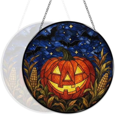 Jack O Lantern Bats Corn Stained Glass Suncatcher 9.8" Colorful Window Hanging Ornament, Retro Sun Catcher Decor with Chain for Home Wall Garden Birthday Christmas Mothers Day - Image 5