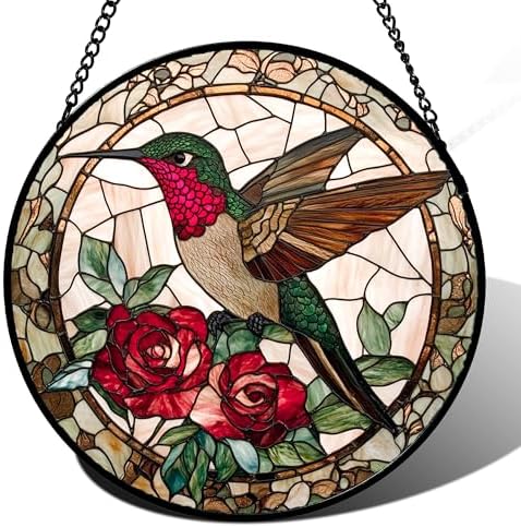 CHATYOUNG Stained Glass Window Hanging Flower Hummingbird Retro Large 15" - Bird Suncatcher Door Garden Home Decor Christmas Mother's Day Birthday Gift for Grandma Women Mom Nana Wife Bird Lovers by CHATYOUNG