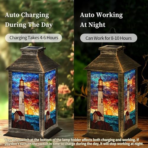 Solar Lantern Maritime Stained Glass Artwork Outdoor Garden Hanging Lantern Waterproof Solar Powered Lighting Outside Table Lamp for Deck Yard Camping Patio Decor - Image 4