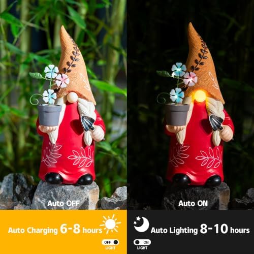 12 Inch Solar Garden Gnome Statue with Planter - Orange Hat Outdoor Gnome Decor with Warm LED, Weatherproof Resin for Yard Patio Lawn - Unique Solar Garden Decor Gifts for Mom Grandma Women - Image 2