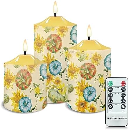 Cozeyat LED Candles Flameless Votive Candles 3 Packs, Autumn Sunflower Pumpkin Pattern Electric Candles with Remote Battery Operated Outdoor Flickering Candles Bulk Home Decorations Tealights by Cozeyat