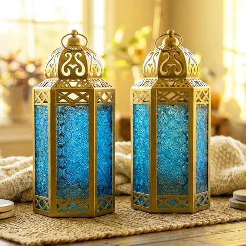 VELA LANTERNS 12" Metal Moroccan Decorative Candle Lantern Holders for Hanging or Table, Indoor Home Decor, Outdoor Patio or Porch, Weddings, Gold, Blue Glass, Large, Set of 2 by VelaCandleLanterns