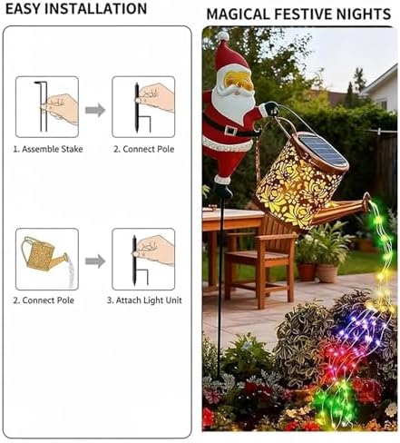 Christmas Solar Kettle Lights Garden Lawn Decorative Lights, Christmas Solar Kettle Lights, Outdoor Waterproof Hanging Metal Watering Can with LED Light for Gardens Lawn Patio (Warm Color) - Image 6