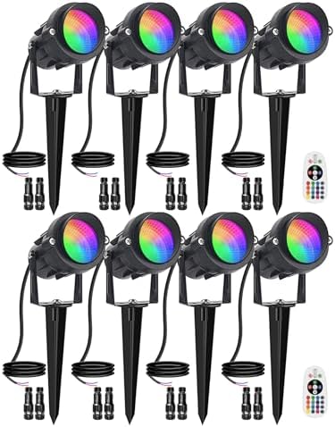 9W RGB Low Voltage Landscape Lights Color Changing Remote Control Spotlights Waterproof LED Landscape Lighting for Garden Pathway Christmas Halloween Outdoor Decorative(8Pack with Connectors) by ALEDECO