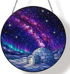 Igloo Under Starry Galaxy Stained Glass Suncatcher 11.8" Colorful Window Hanging Ornament, Sun Catcher Decor for Bathroom Front Door Living Room Home Wall Garden by FeHuew
