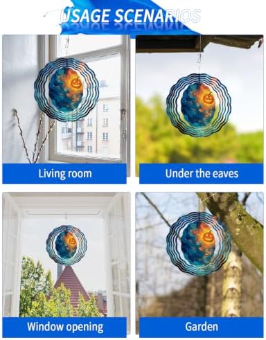 12 Inch Halloween Wind Spinner for Yard and Garden, Blue Night Sky Mystical Glowing Pumpkin Hanging Ornaments Outdoor 3D Kinetic Wind Sculpture Spinners Indoor Outdoor Patio Décor Ornaments Gift - Image 7