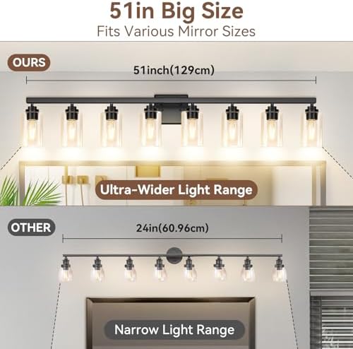 8-Light Bathroom Light Fixtures, 51" Modern Vanity Lights Over Mirror with Clear Glass Shades, Matte Black Light Fixture, Classic Wall Light Fixture for Mirror Living Room Cabinet Bedroom Porch - Image 6