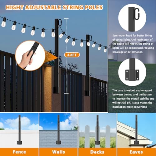 LETIANPAI 2.8Ft String Light Poles 4 Pack,Light Poles for Outside Lights,Outdoor with Fence Brackets Hanging Lights,Metal Stand Deck Patio Backyard - Image 2