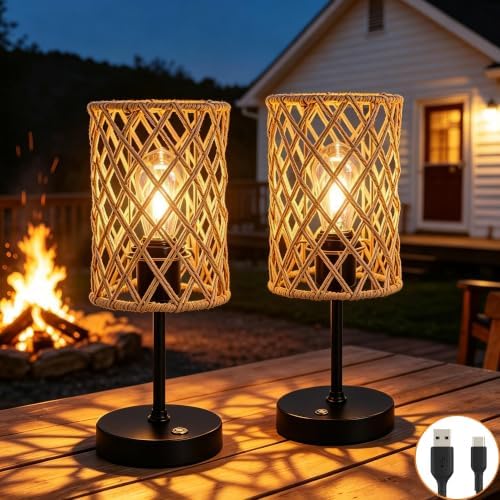 Rechargeable Outdoor Patio Table Lamps, Set of 2 Cordless Battery Operated Portable Boho Rattan Table Lights, for Covered Porch Balcony Garden Decor (Beige) by ALLFORTUNE