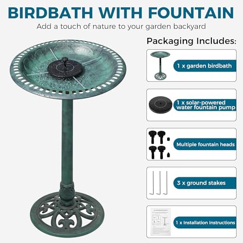 Bird Bath with Solar Fountain Tall Set - Large Resin Bird Bath for Outdoors Garden Decor - Heavy Duty Bird Baths for Clearance Made in USA - Perfect Addition to Your Backyard(Green) - Image 2