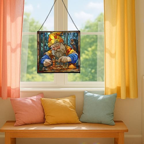 Gnome with Wooden Toys Stained Glass Suncatcher – Square Hanging Window Panel for Home, Garden, Nursery, Halloween, Christmas, Memorial Day – Whimsical Glass Art Gift for Gnome Lovers j20dxf - Image 5