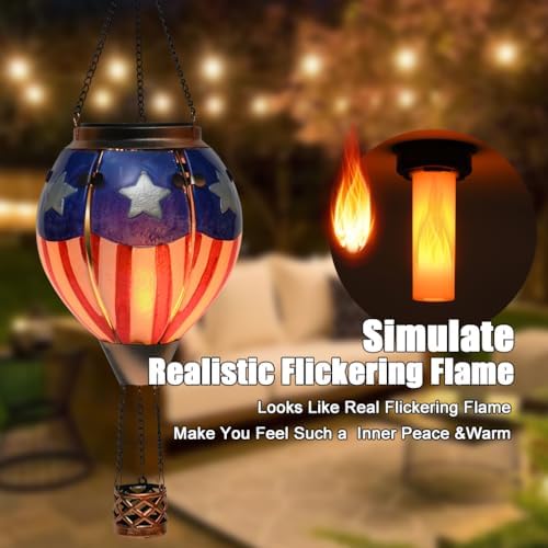 Hot Air Balloon Solar Lantern - U.S Flag Patriotic Glass Lantern, Simulated Flickering & Dancing Flame, Outdoor Hanging Yard Light Waterproof IP65, Ideal 4th of July Gift for Patriot Patio Decor - Image 2