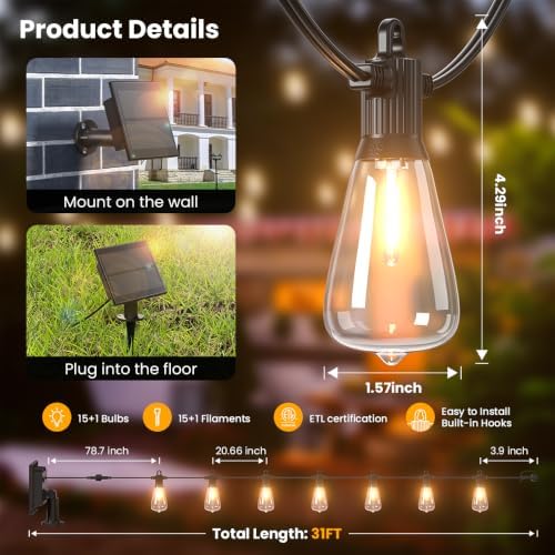FOOMAN 31FT Solar String Lights Outdoor Waterproof IP65 with USB-Charging - Image 2
