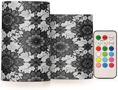 Vintage Black Lace with Flowers Flameless Candles with Remote Control Candles with Timer Waterproof Electronic Lights Glitter Led for Night Battery Operated Pillar 2-Piecing Set by famyily