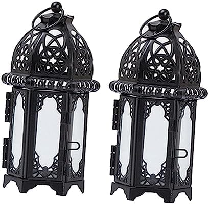Iron Candle Lantern 2pcs Black Iron and Glass Xmas Hanging by Yardenfun