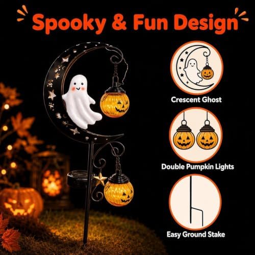 Halloween Solar Garden Stake Light Crescent Moon Cute Ghost - Image 2