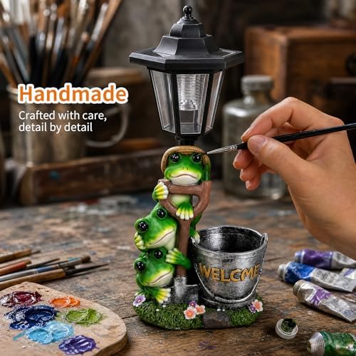 Solar Frog Garden Statue Outdoor Decor with LED Lantern & Welcome Planter - Image 3