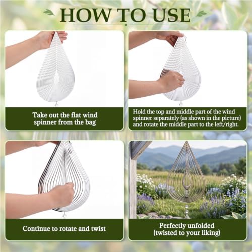 4 PCS 19" 3D Hanging Wind Spinners Water Droplets Stainless Steel Double Sided Hanging Decor for Outdoor and Gardens, Bird Devices Deterrent to Scare Birds Away from Yard Patio Farm - Image 5