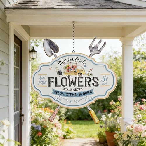 Vintage Metal Garden Sign with Shovel & Fork Decor "Market Fresh Flowers" Rustic Farmhouse Wall Decor for Outdoor Garden Patio Yard 17.5"L (Flower) - Image 7