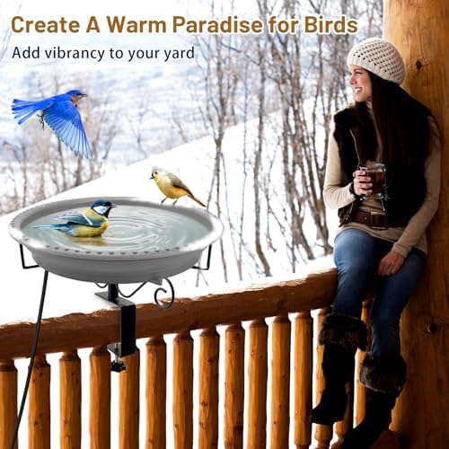 Heated Bird Bath for Outdoors Deck Railing, 100W Heated Birdbath, Gray - Image 6