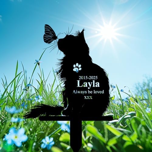 Custom Longhair Cat Memorial Stake, Always Be Loved Cat with Butterfly Grave Marker, Personalized Pet Loss Gift Metal Garden Plaque (Cat With Butterfly) - Image 5