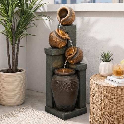 Outdoor Water Fountain with LED Lights, 34.84" Tiered Bowl Cascading Water Feature, Resin Garden Fountain for Patio, Backyard, Balcony, Porch, Deck, Housewarming Gift by MakensGardenSupply